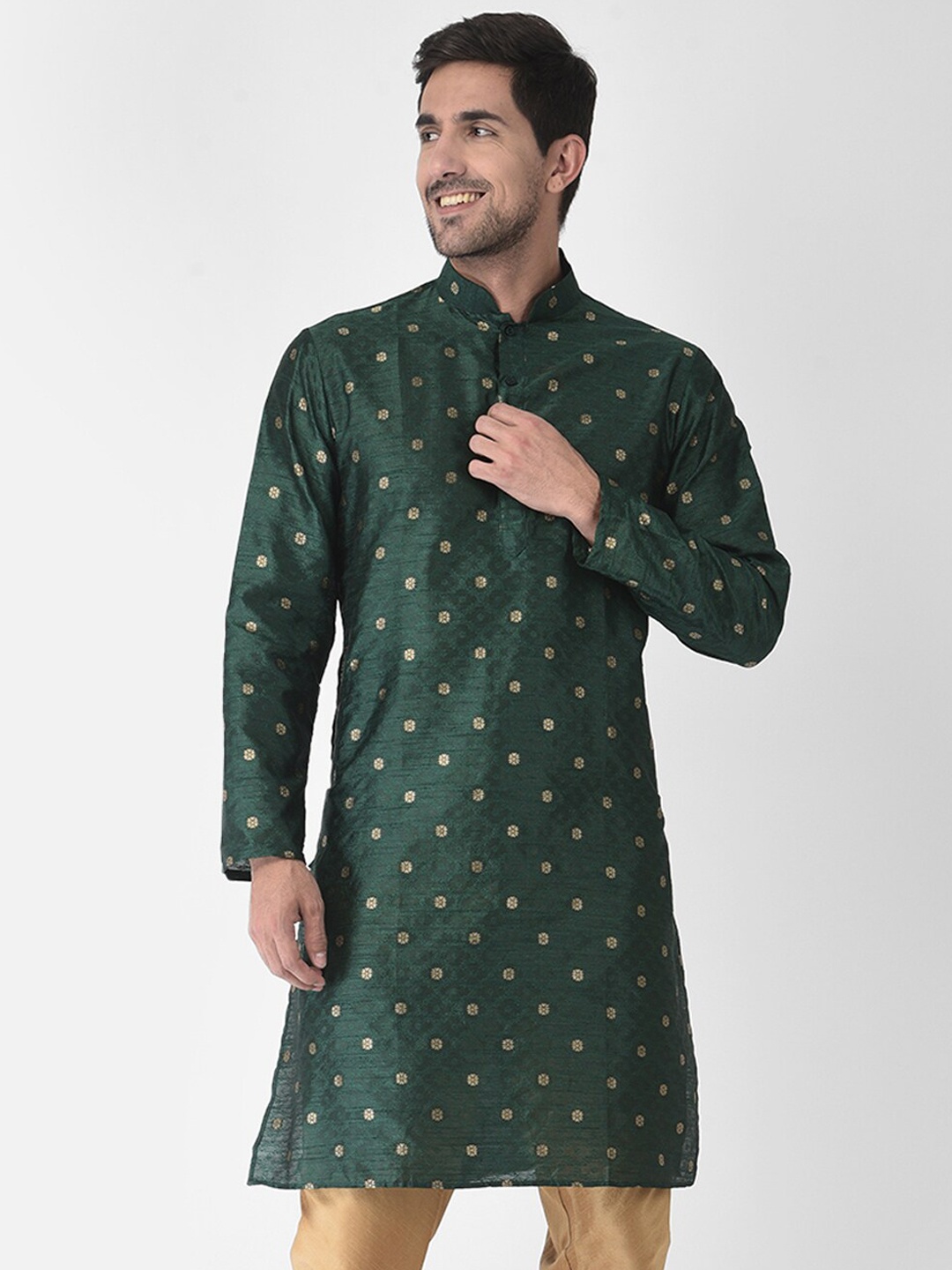 

SG LEMAN Men Green & Gold-Toned Geometric Raw Silk Kurta