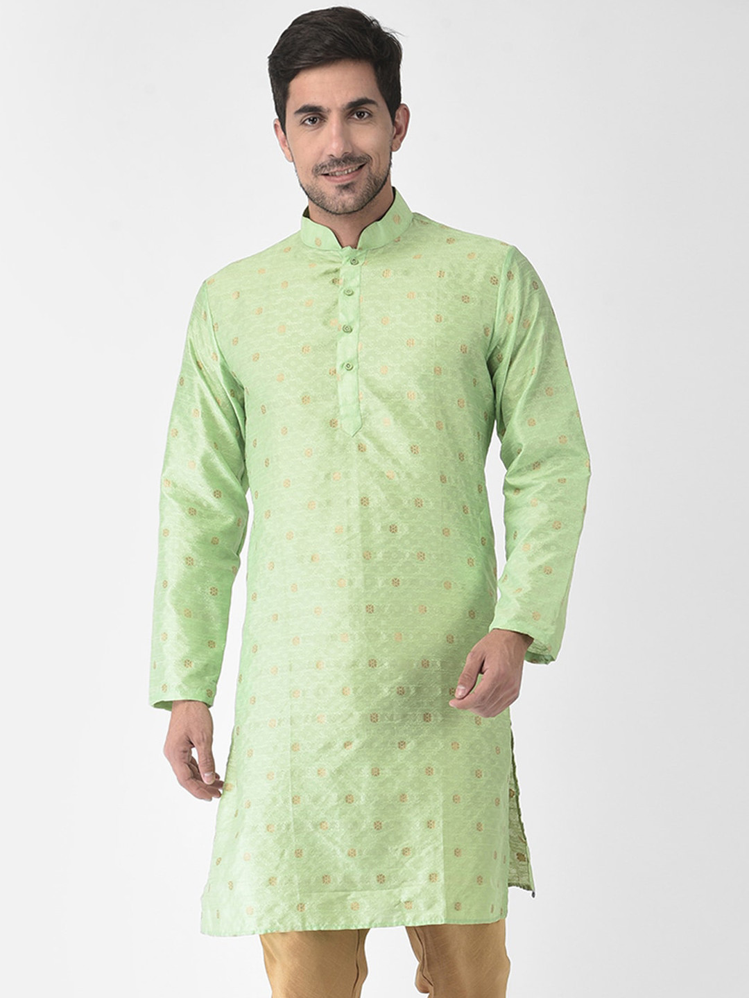 

SG LEMAN Men Sea Green Floral Raw Silk Kurta