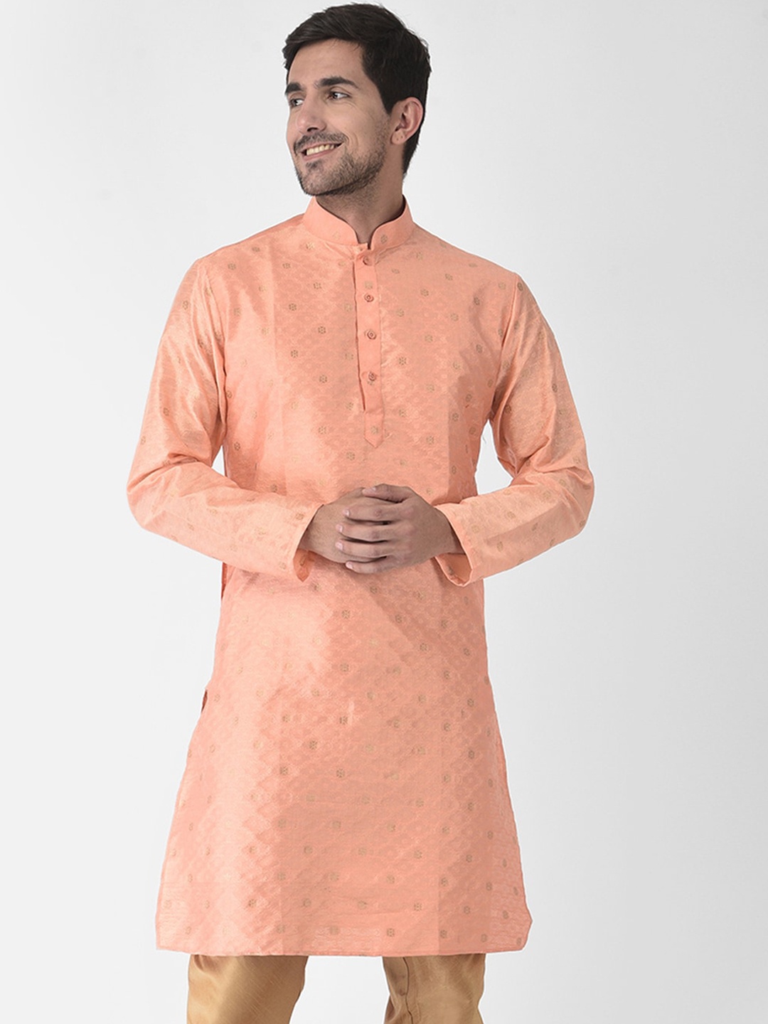 

SG LEMAN Men Peach-Coloured Ethnic Motifs Raw Silk Kurta