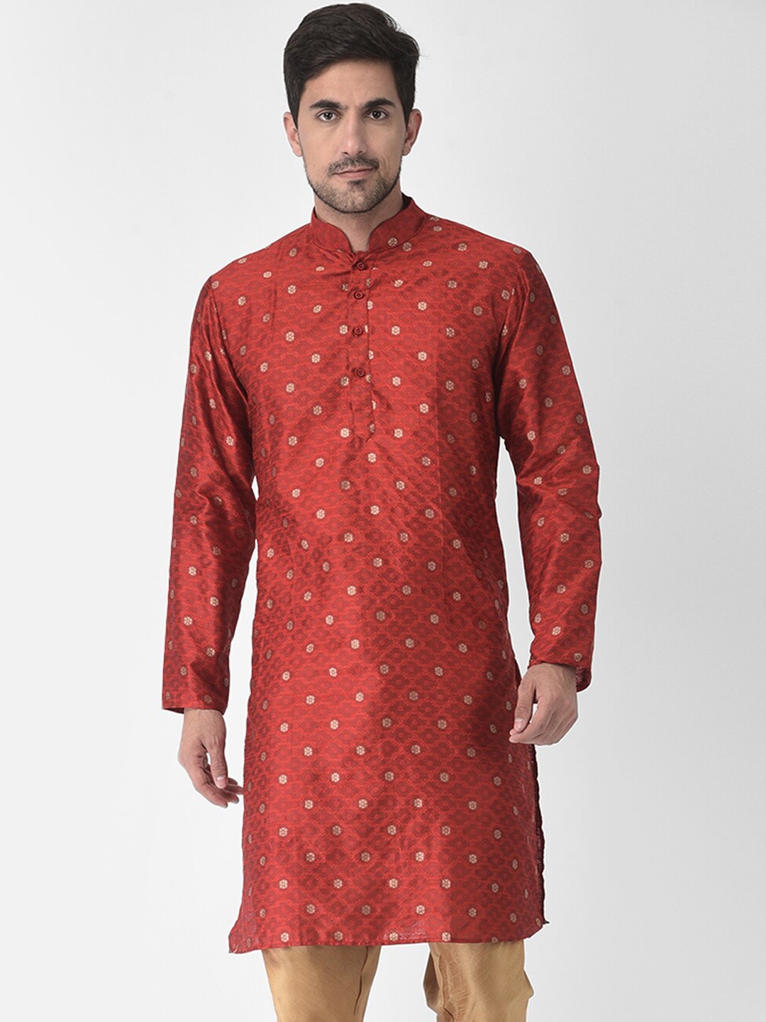 

SG LEMAN Men Maroon Ethnic Motifs Raw Silk Kurta