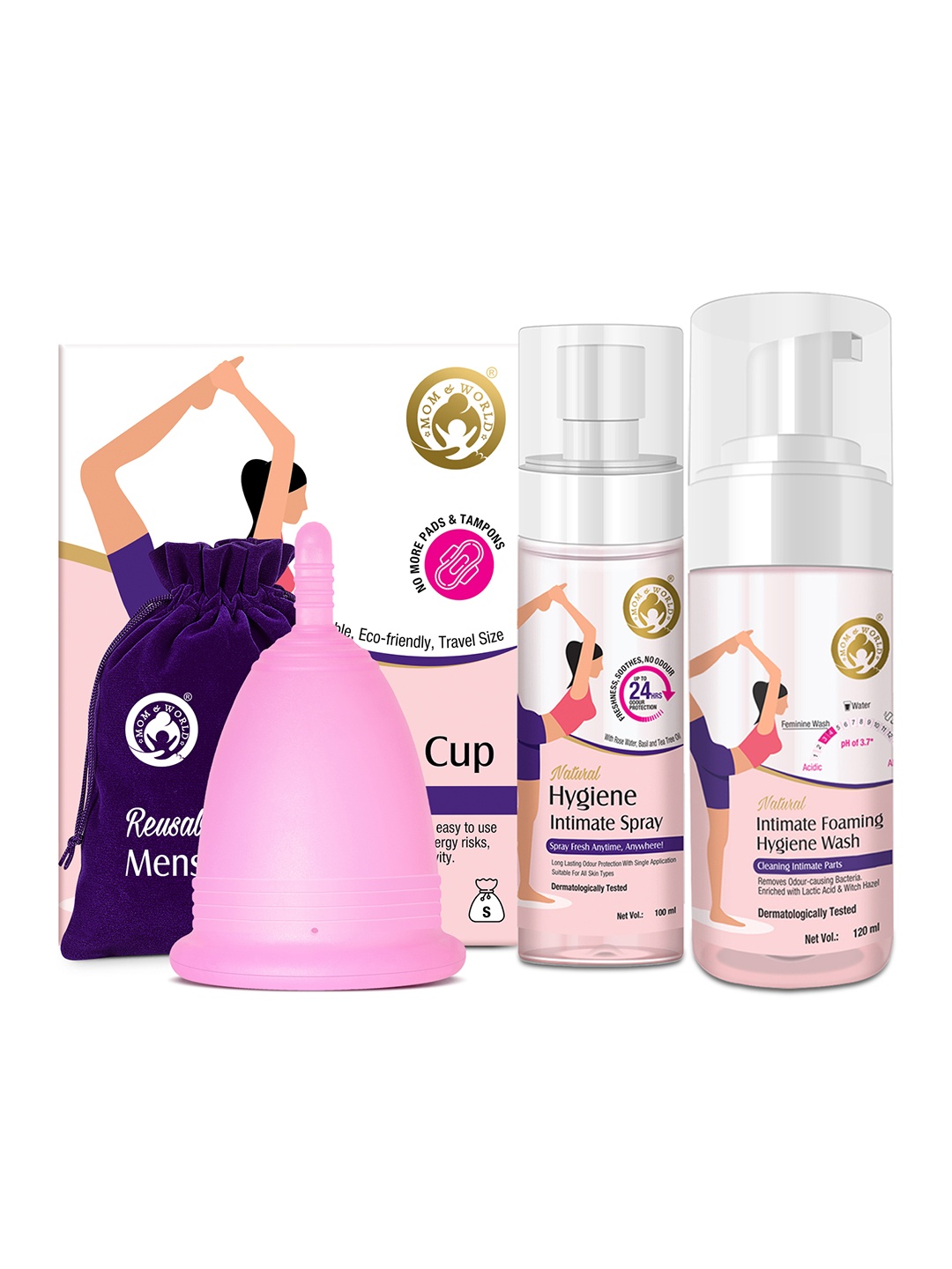 

Mom & World Small Menstrual Cup+Hygiene Intimate Spray 100ml+Intimate Hygiene Wash 120ml, Pink