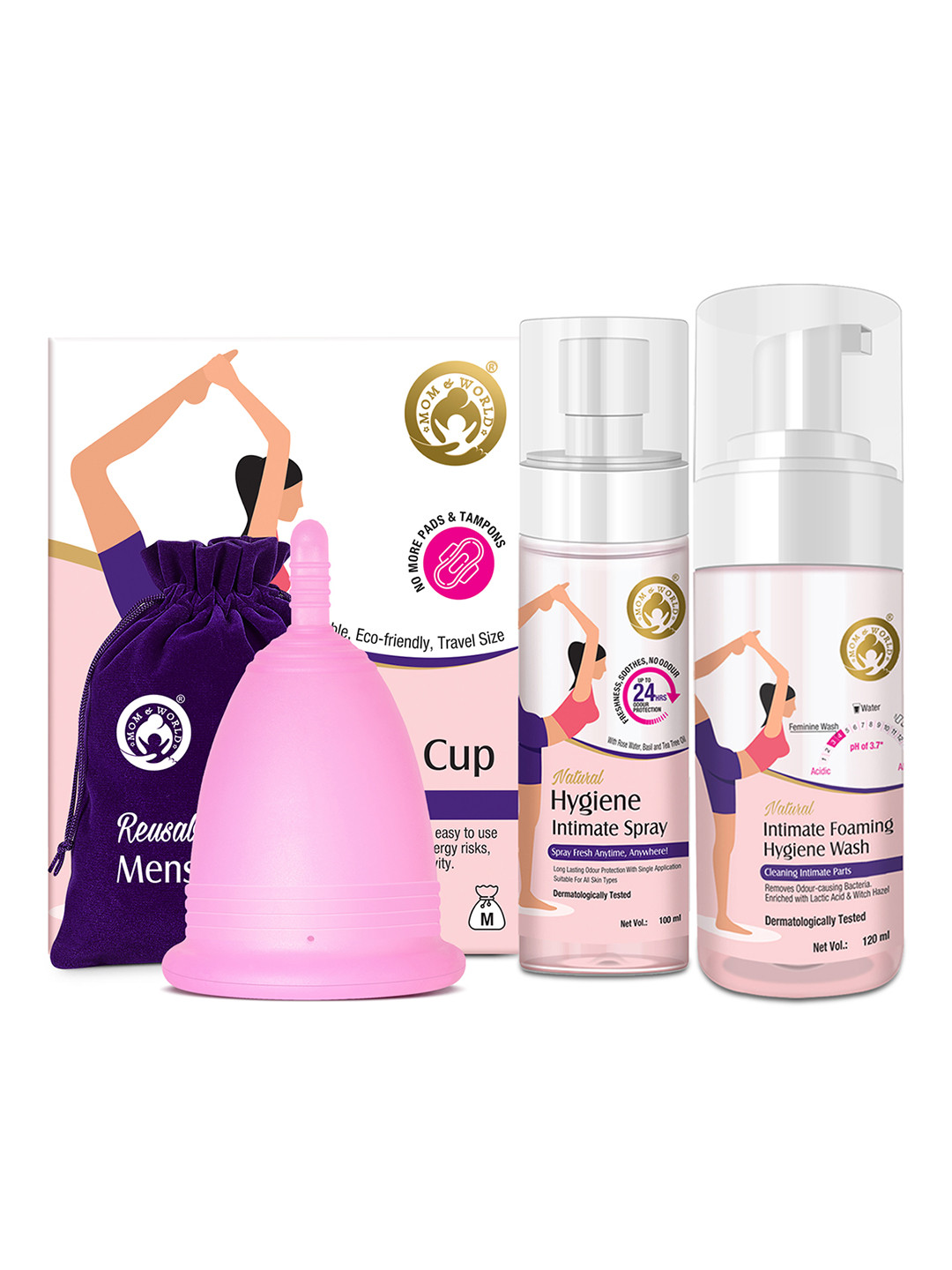 

Mom & World Reusable Medium Menstrual Cup+Intimate Spray 100ml+Intimate Hygiene Wash 120ml, Pink