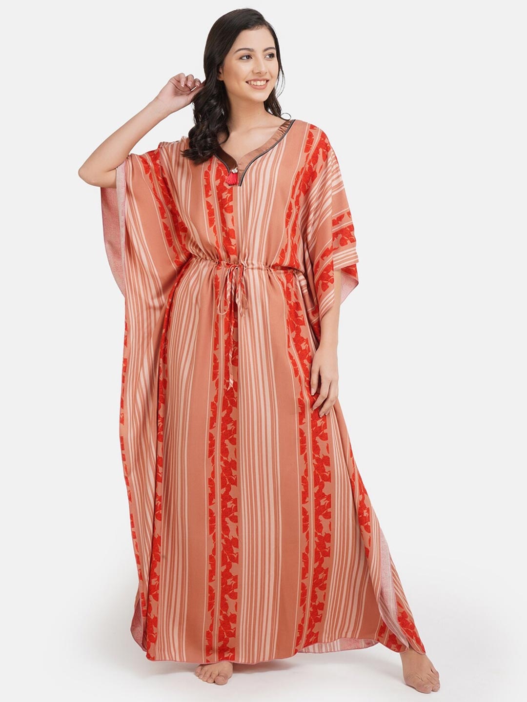 

KOI SLEEPWEAR Women Orange Striped Kaftan Nightdress