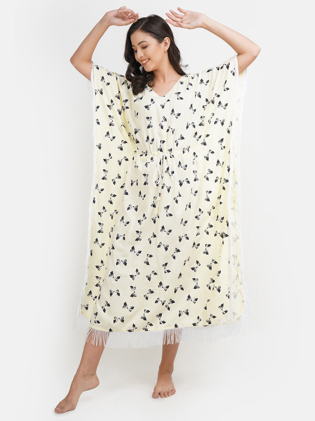 

KOI SLEEPWEAR Women Lemon Yellow Bow-Print Kaftan Nightdress