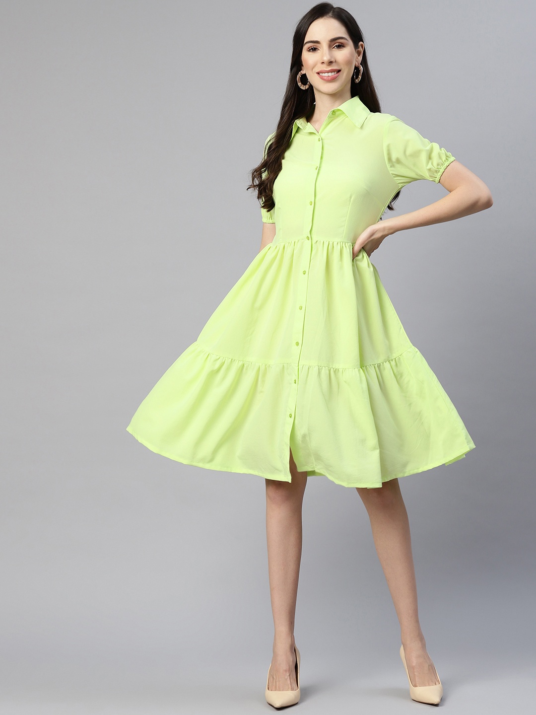 

plusS Women Green Solid Shirt Dress