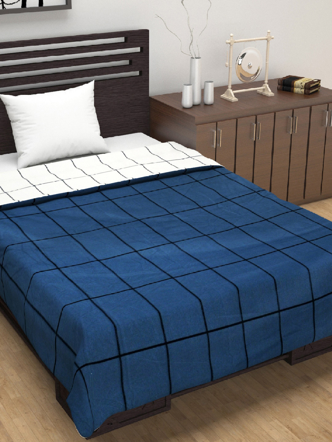 

Divine Casa Navy Blue & White Checked AC Room 120 GSM Single Bed Dohar
