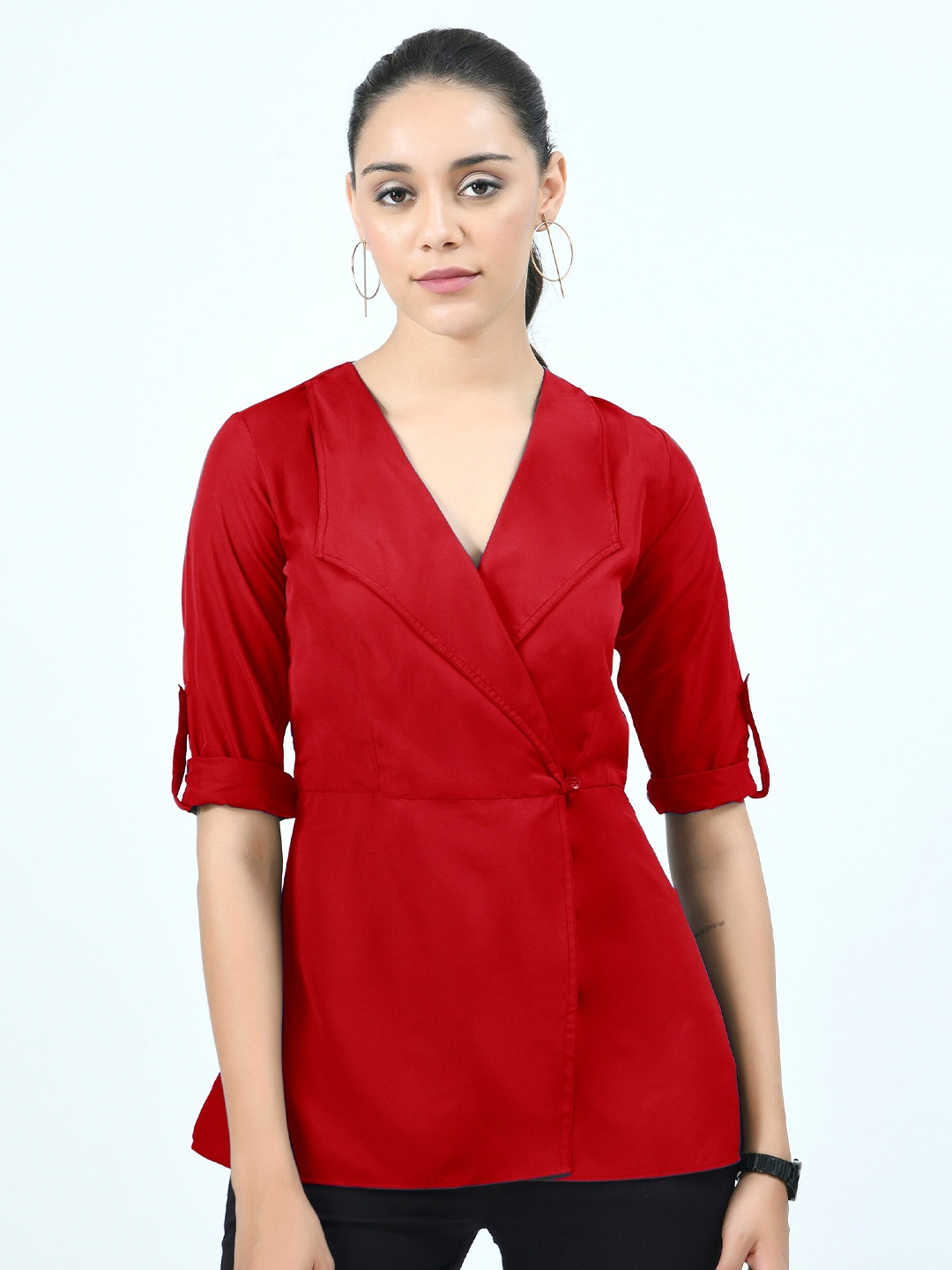 

V&M Red Roll-Up Sleeves Crepe Wrap Top