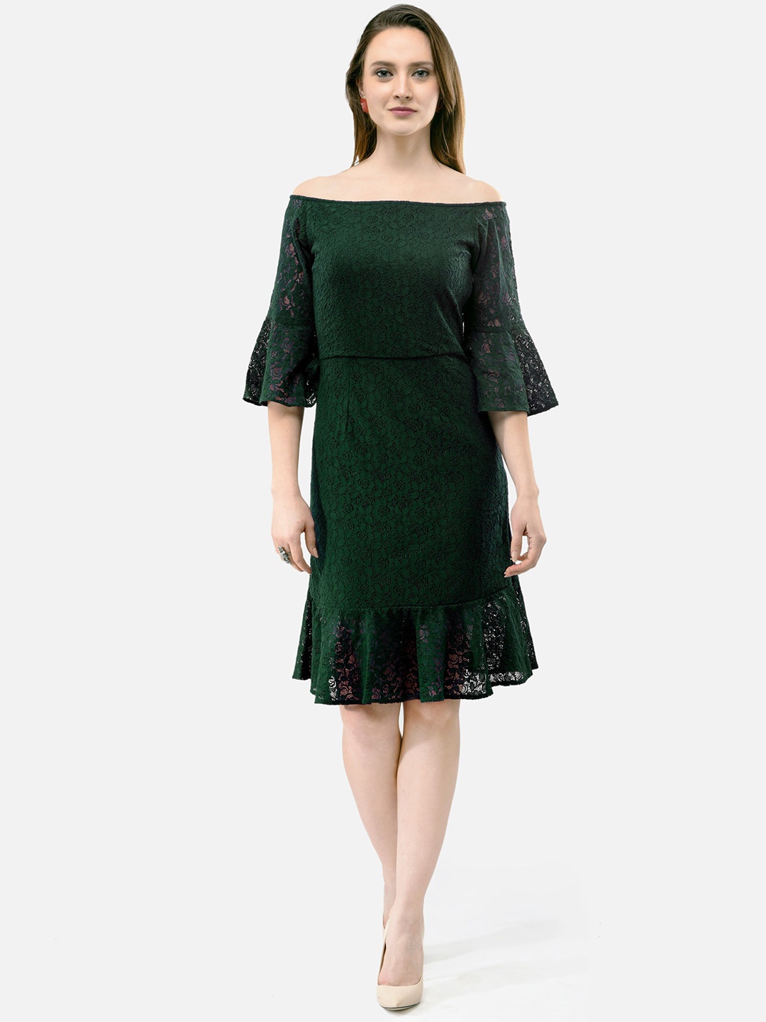 

V&M Women Green Off-Shoulder Self Design Lace Sheath Dress