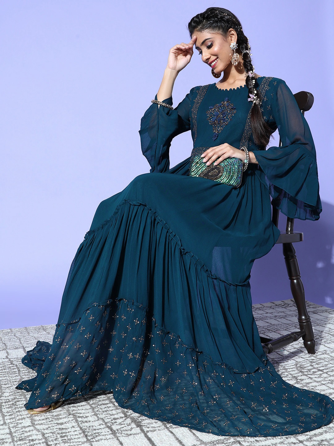 

ZOLA Women Teal Georgette Hyper Texture Kurta