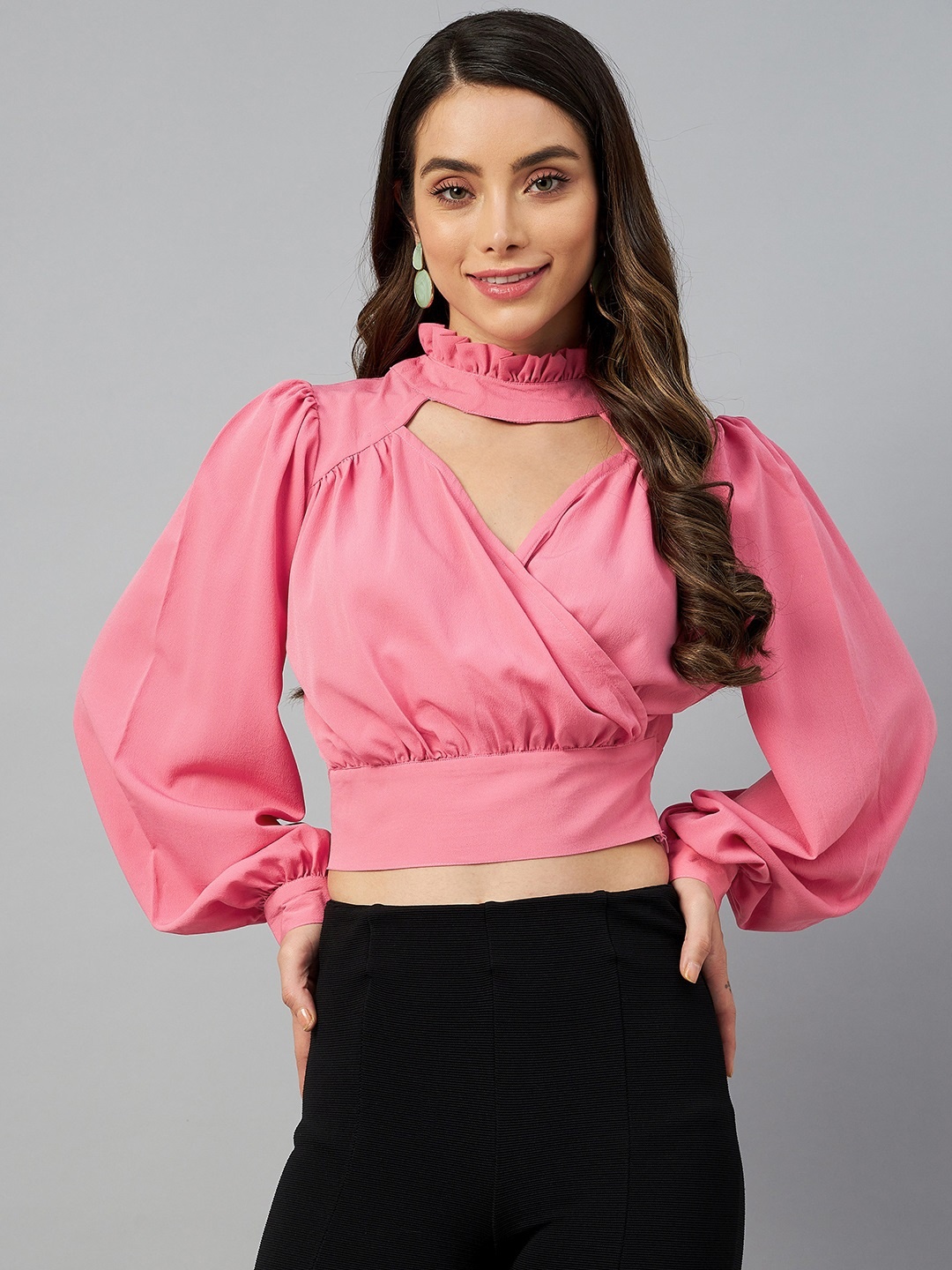 

plusS Pink Solid Mandarin Collar Bishop Sleeves Wrap Top