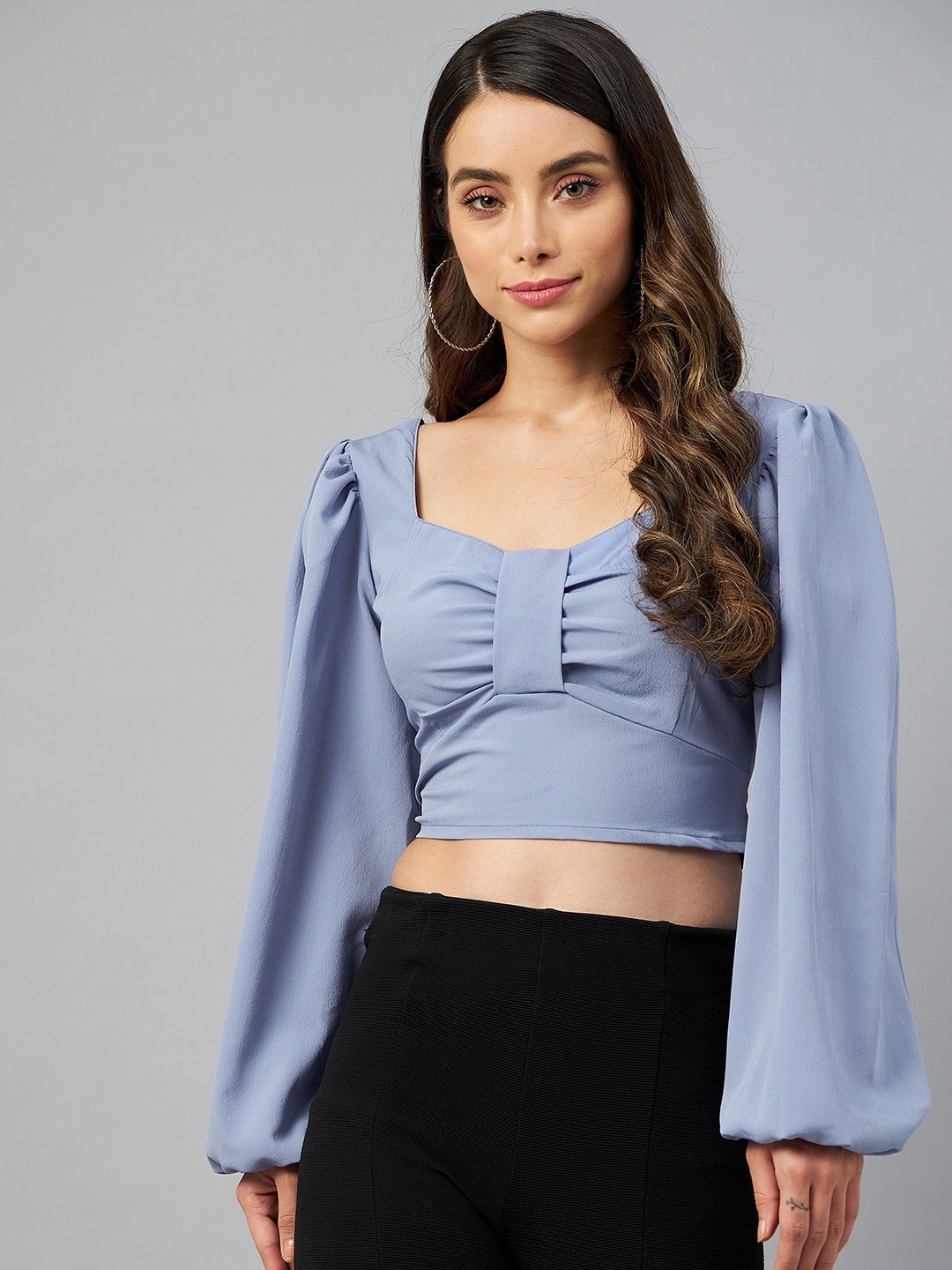 

plusS Blue Solid Smocked Detail Top