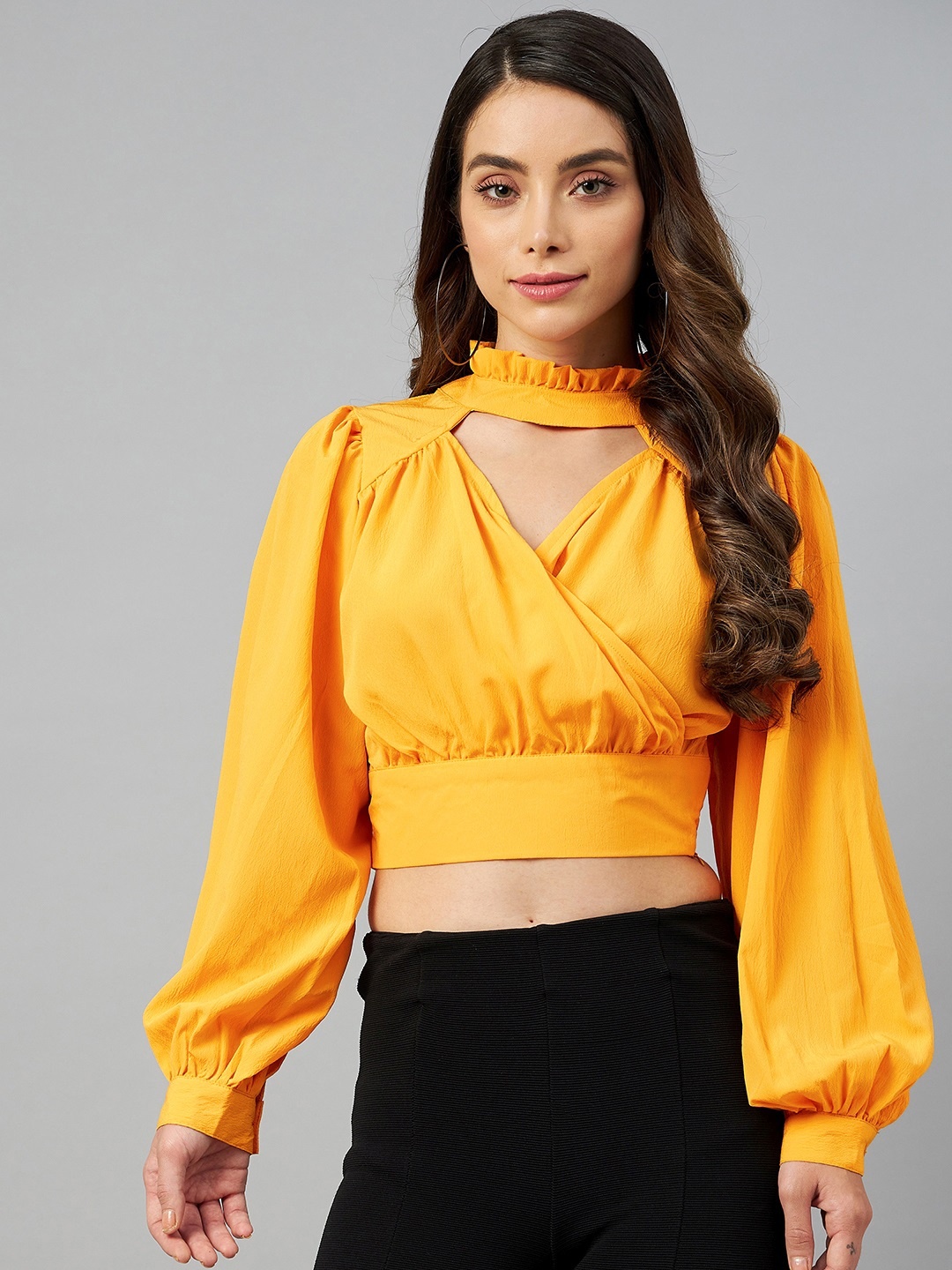 

plusS Yellow Solid Mandarin Collar Wrap Crop Top