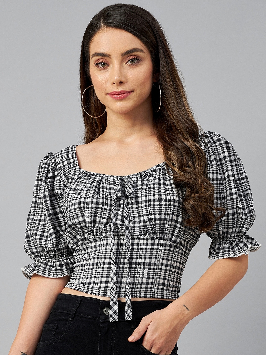 

plusS Black & White Checked Monochrome Cinched Waist Top