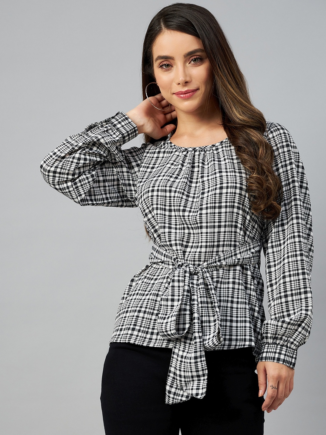 

plusS Black & White Checked Tie-Up Detail Monochrome Top