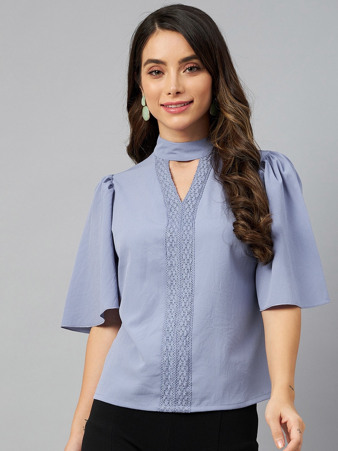 

plusS Blue Lace Insert Detail Mandarin Collar Top