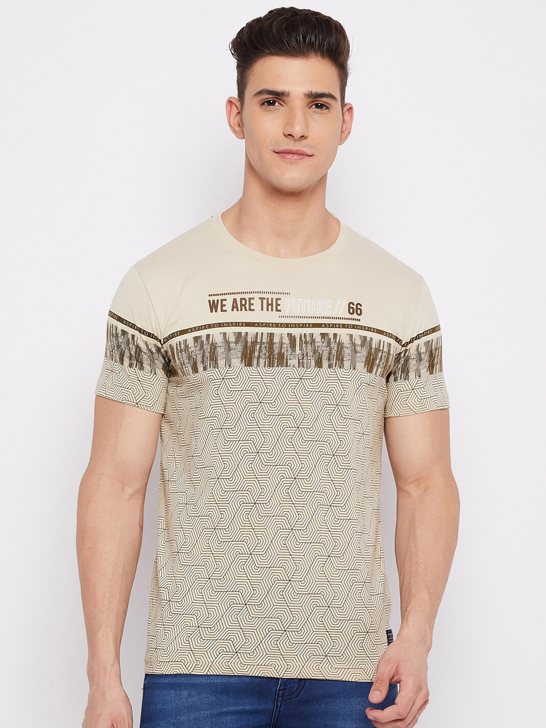 

Duke Men Beige & Brown Typography Printed Slim Fit T-shirt