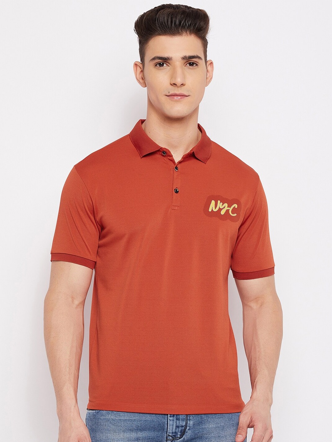 

Duke Men Orange Polo Collar Slim Fit T-shirt