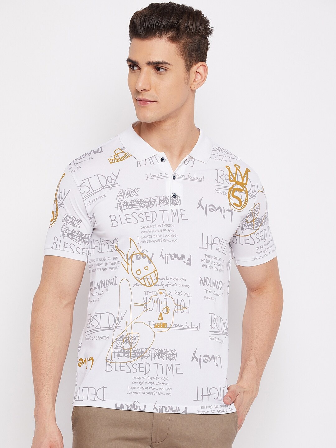 

Duke Men White Printed Polo Collar Raw Edge Slim Fit T-shirt