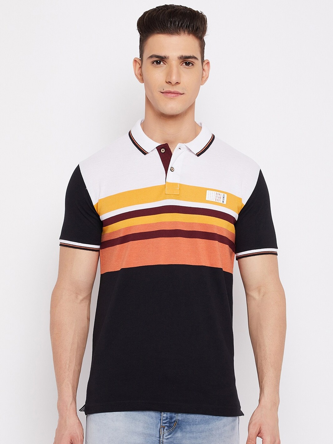 

Duke Men White & Black Striped Polo Collar Applique Slim Fit T-shirt