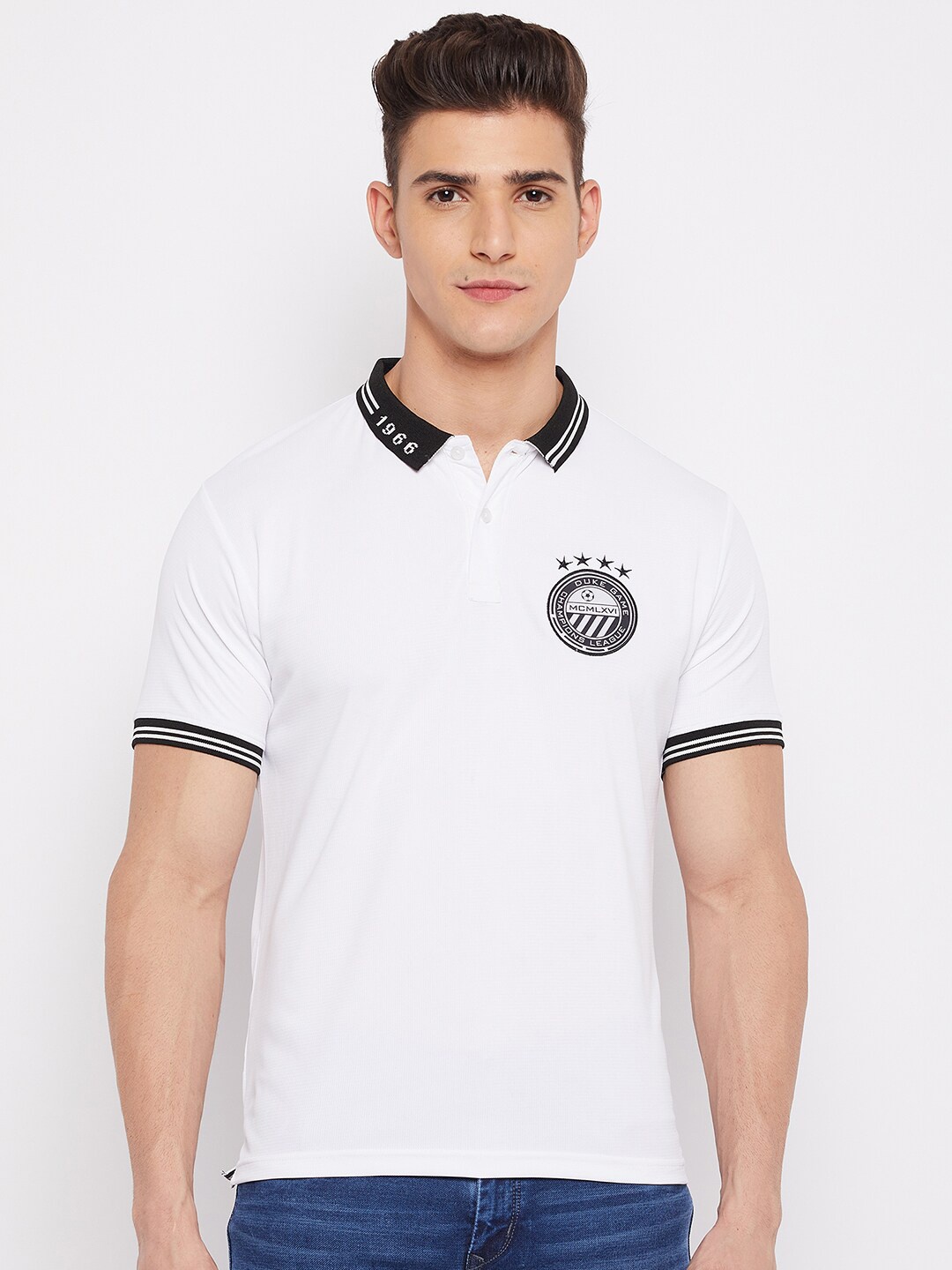 

Duke Men White Polo Collar Monochrome Applique T-shirt