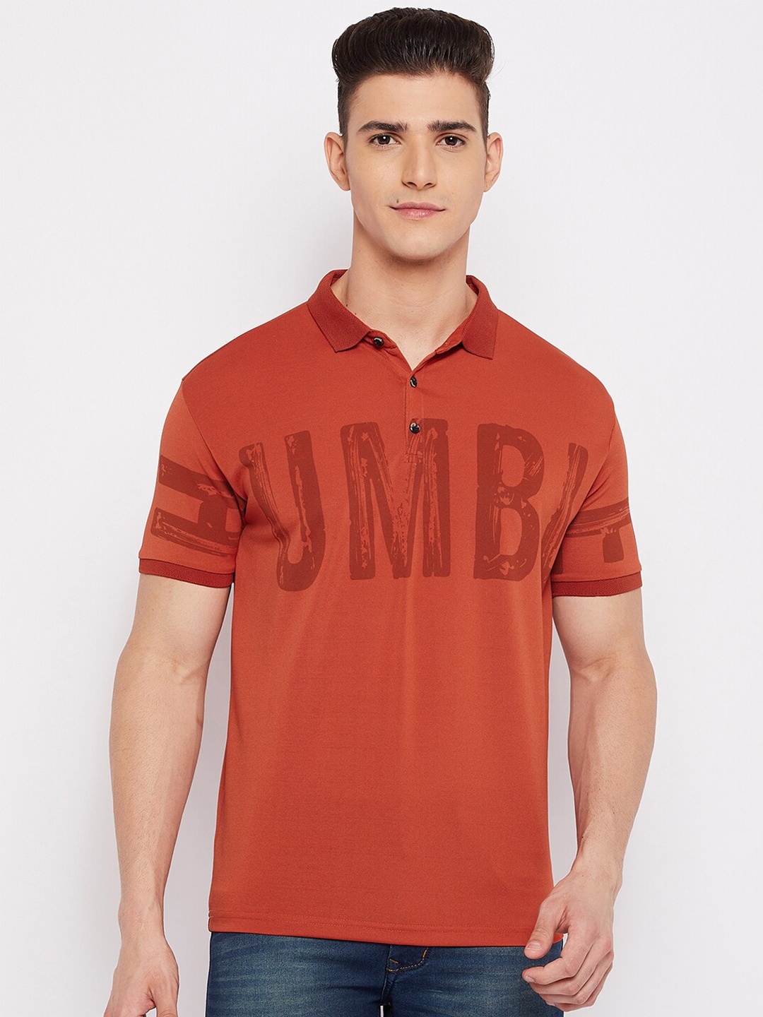 

Duke Men Orange Typography Printed Polo Collar Slim Fit T-shirt