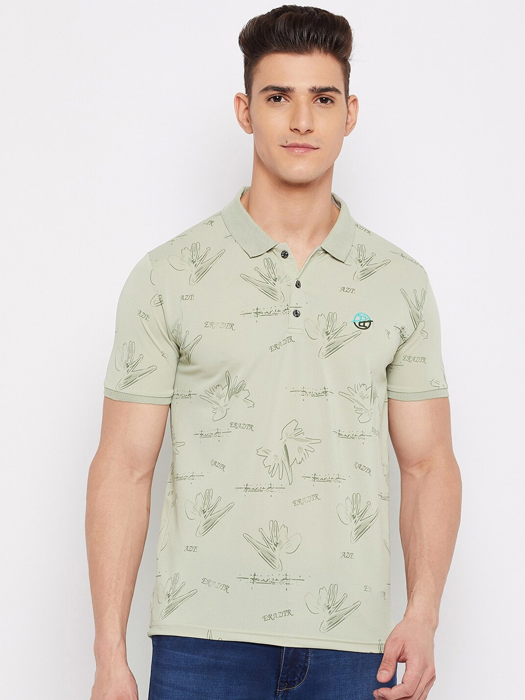 

Duke Men Green Printed Polo Collar Raw Edge Slim Fit T-shirt