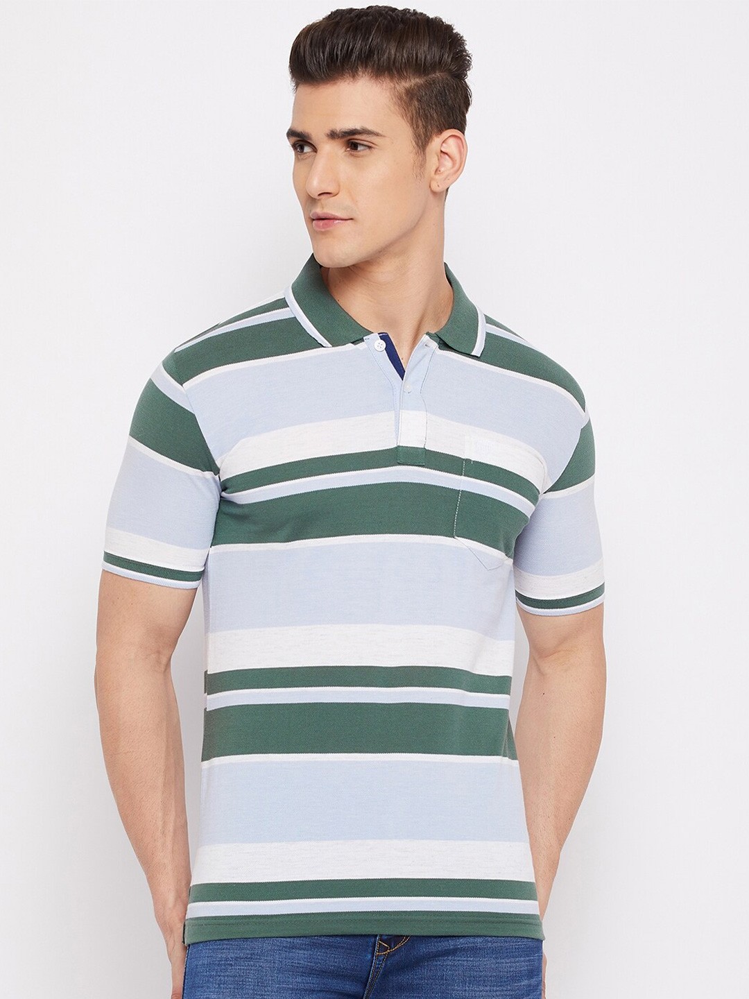 

Duke Men Green Striped Polo Collar T-shirt