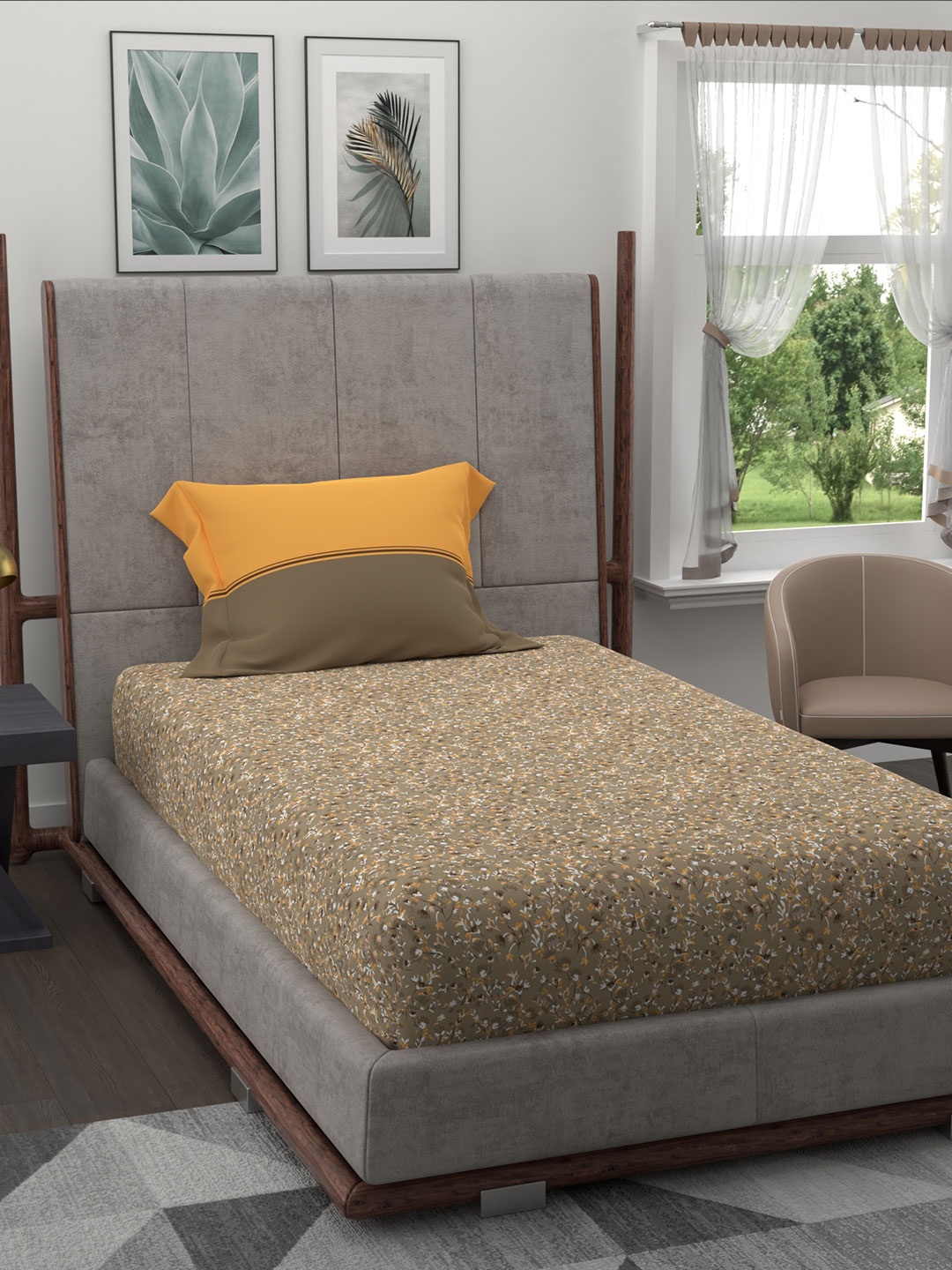 

Trident Brown & Yellow Floral 120 TC Single Bedsheet with 1 Pillow Covers