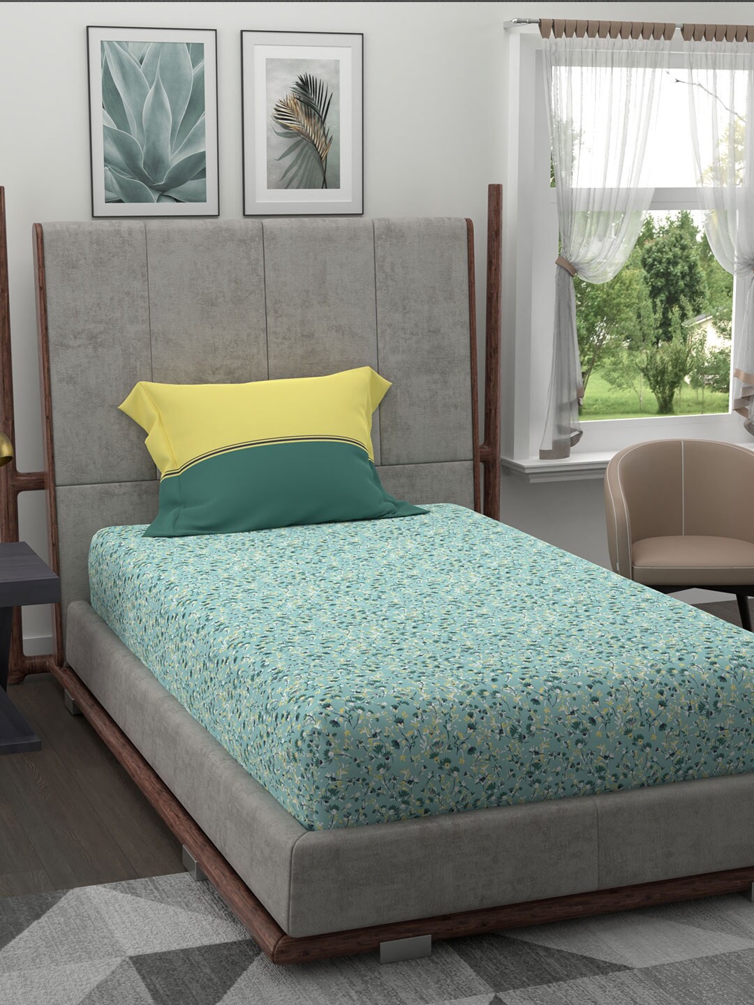 

Trident Green & Yellow Floral 120 TC Cotton Single Bedsheet with 1 Pillow Covers