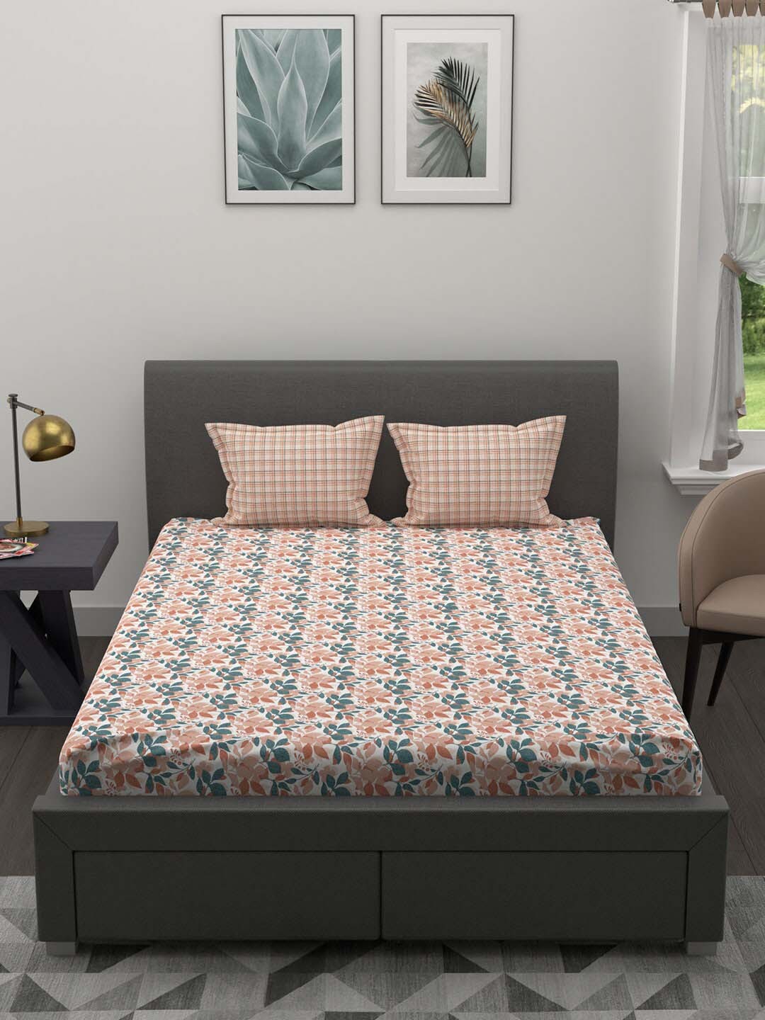 

Trident Peach-Coloured & White Floral Printed 120 TC Queen Bedsheet with 2 Pillow Covers
