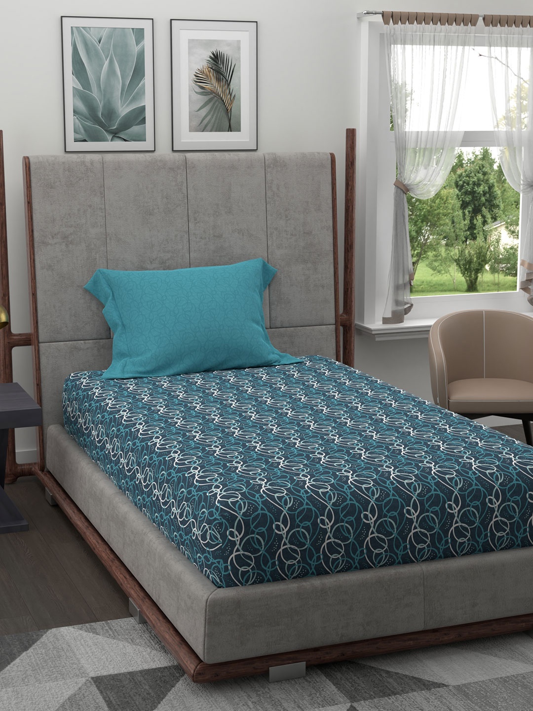 

Trident Teal & White 120 TC Single Bedsheet with 1 Pillow Covers