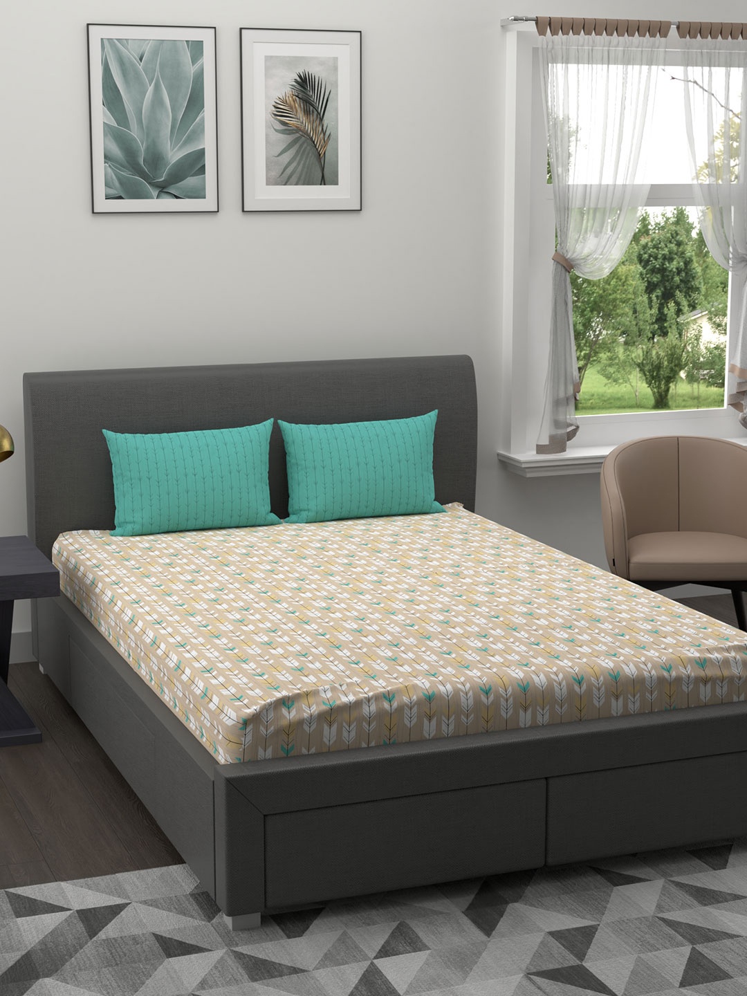 

MYTRIDENT Beige White Geometric 120 TC Queen Bedsheet with 2 Pillow Covers