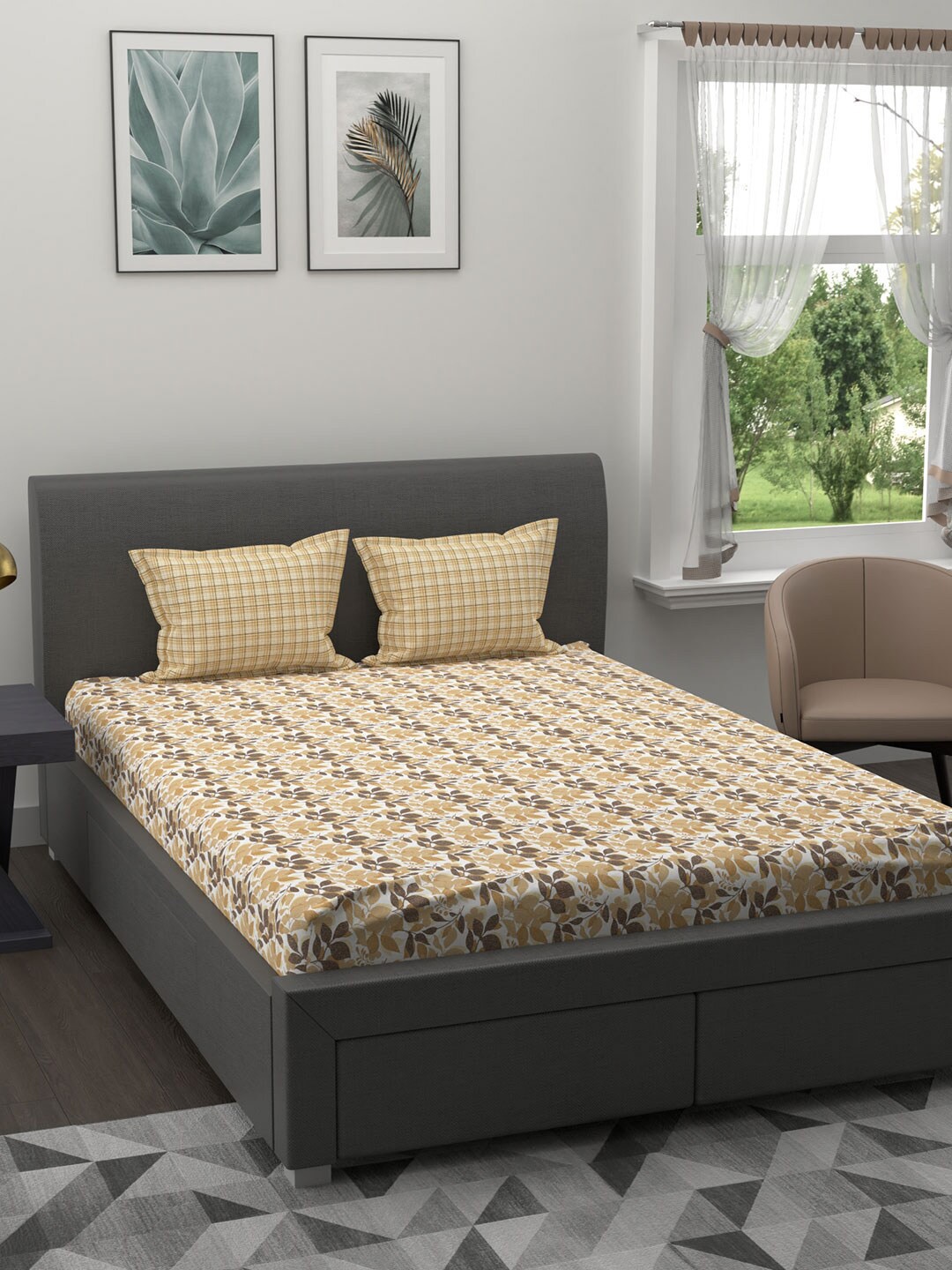 

MYTRIDENT Brown White Floral 120 TC Queen Bedsheet With 2 Pillow Covers