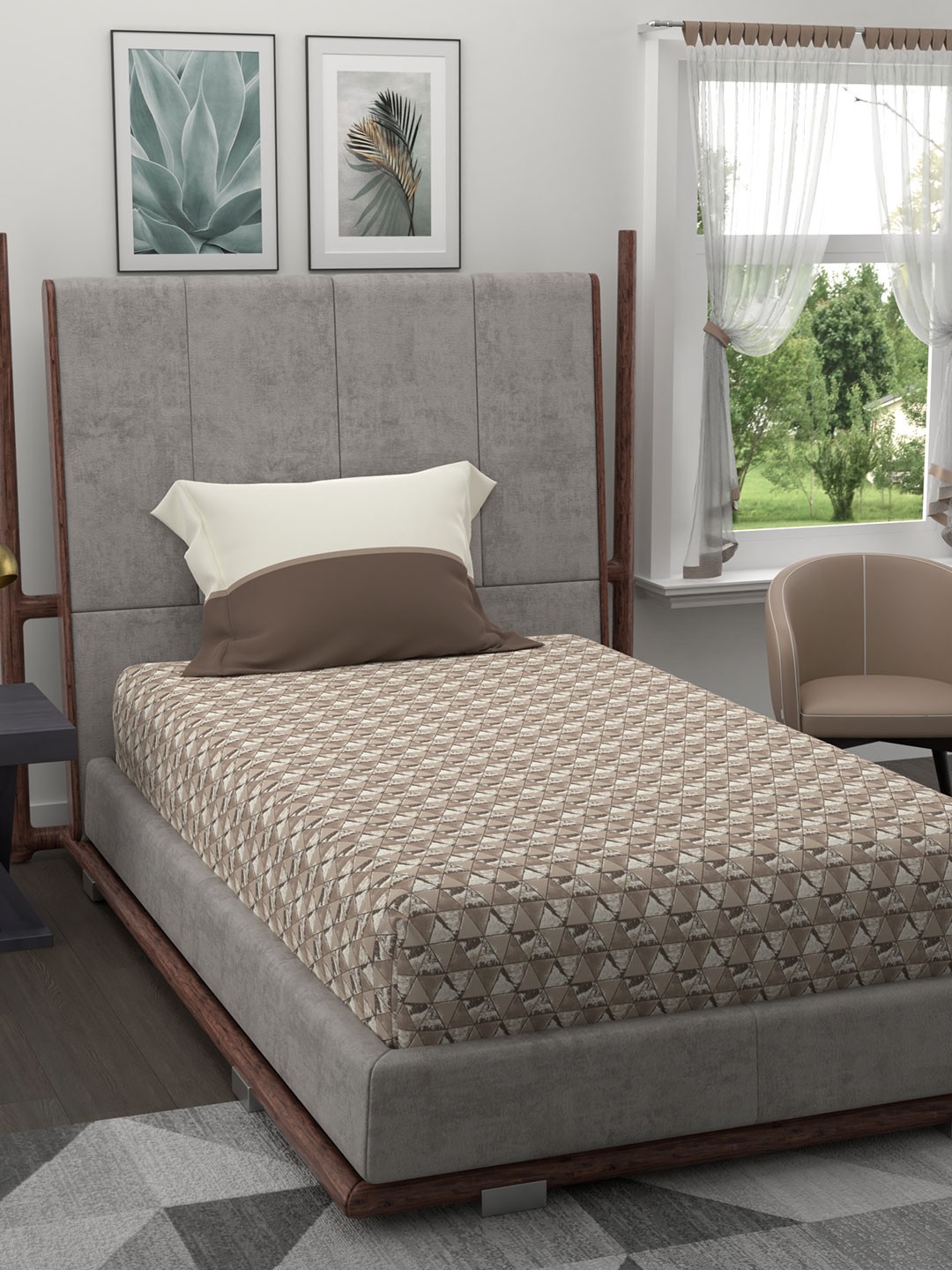

MYTRIDENT Brown White 120 TC Single Bedsheet With 1 Pillow Covers