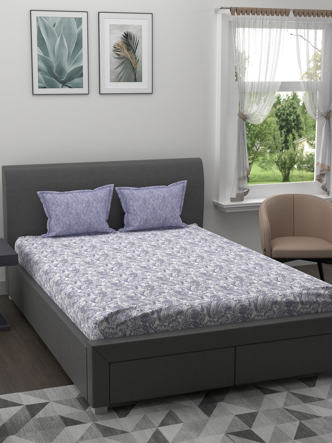

MYTRIDENT Pink White Ethnic Motifs 120 TC Queen Bedsheet with 2 Pillow Pure Cotton Covers