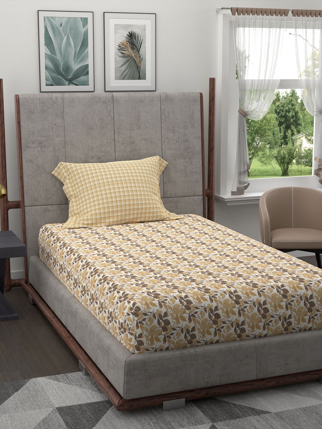 

MYTRIDENT Brown White Floral 120 TC Single Bedsheet with 1 Pillow Covers