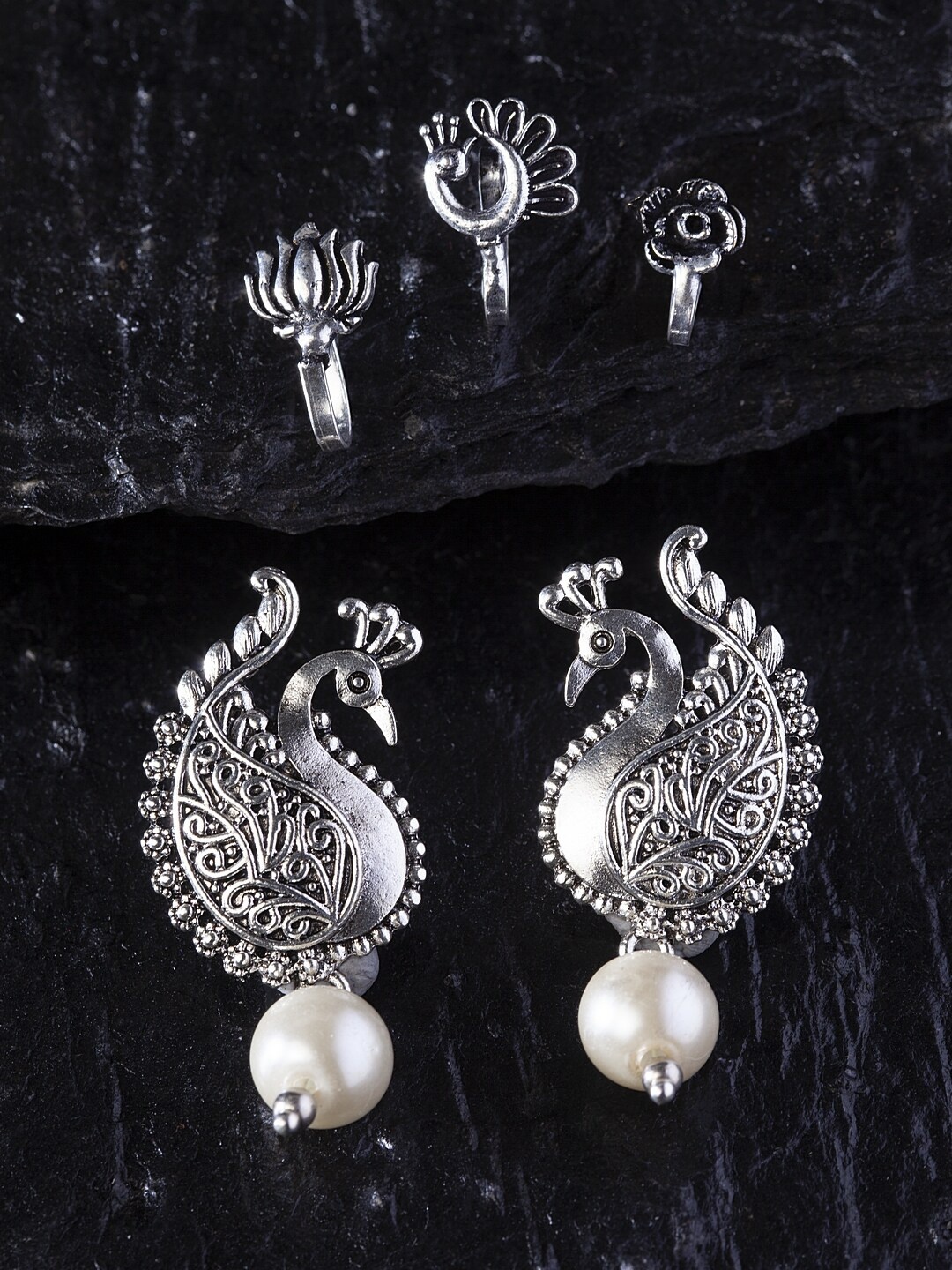 

PANASH Set of 4 Silver-Toned Oxidised Nosepins With Earrings