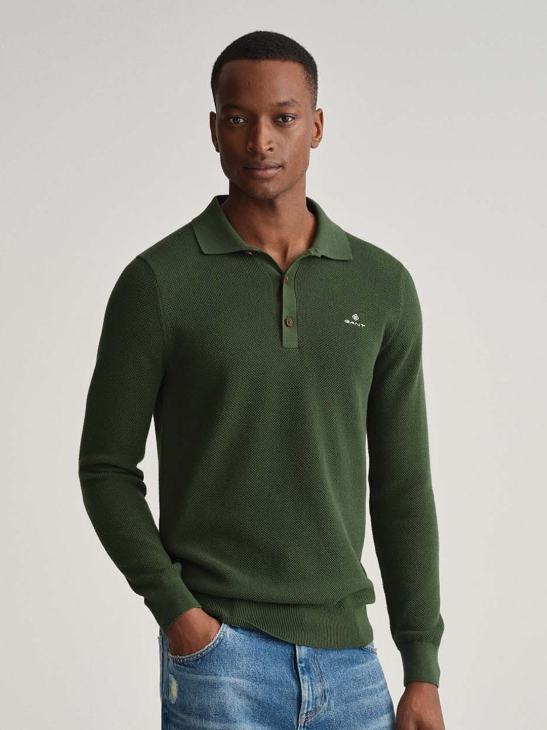 

GANT Shirt Collar Long Sleeves Cotton Pullover Sweater, Green