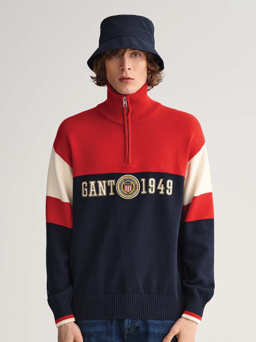

GANT Colourblocked Mock Collar Cotton Pullover Sweater, Navy blue