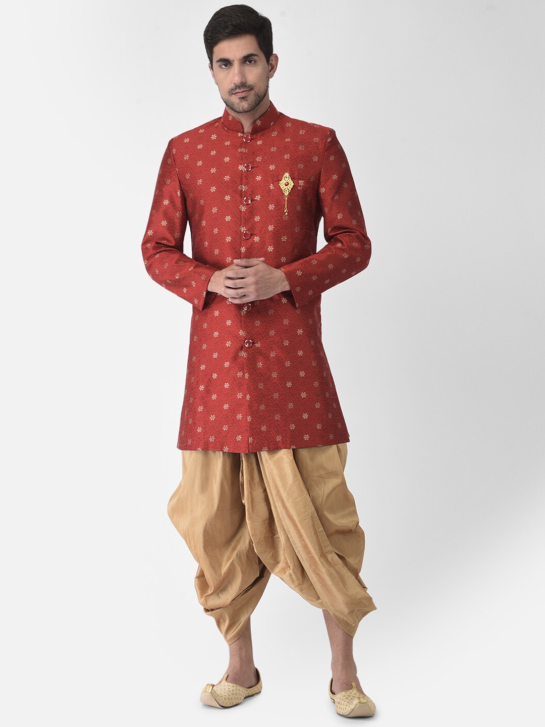 

SG LEMAN Men Maroon & Gold Woven-Design Sherwani Set