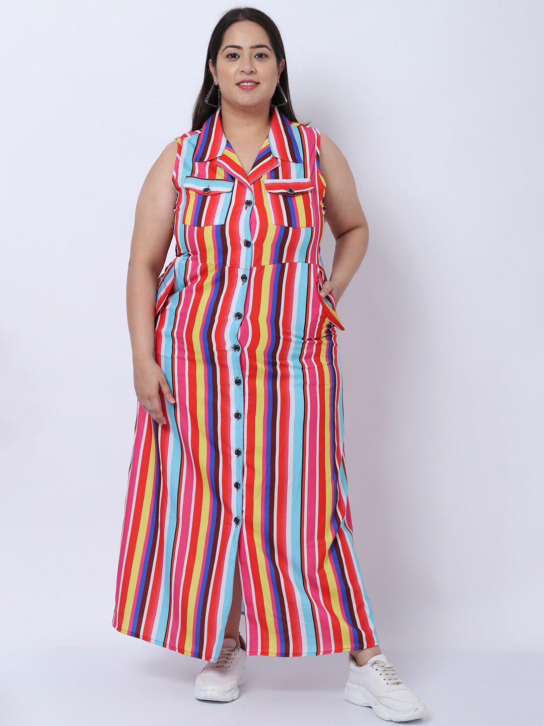 

Flambeur Red & Blue Striped Crepe Shirt Maxi Dress