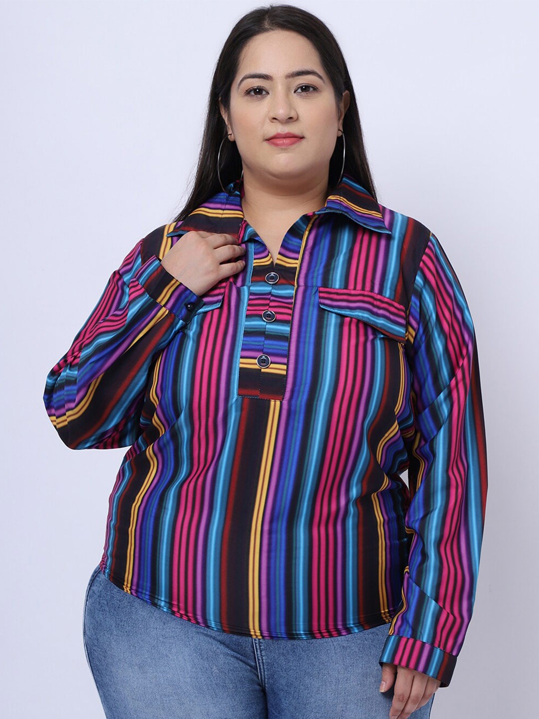 

Flambeur Women Plus Size Multicoloured Striped Crepe Shirt Style Top, Multi