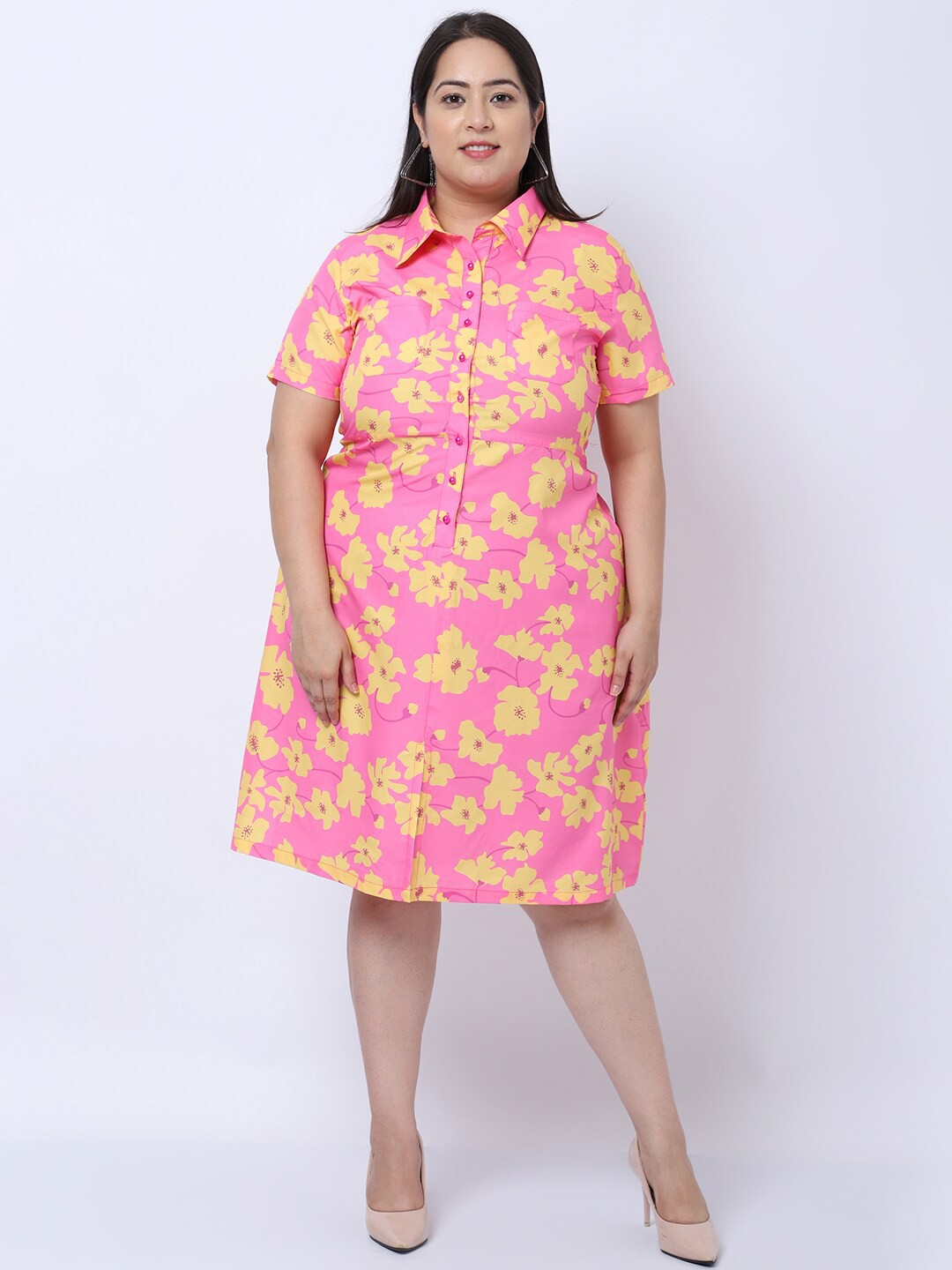 

Flambeur Pink & Yellow Floral Crepe A-Line Plus Size Dress
