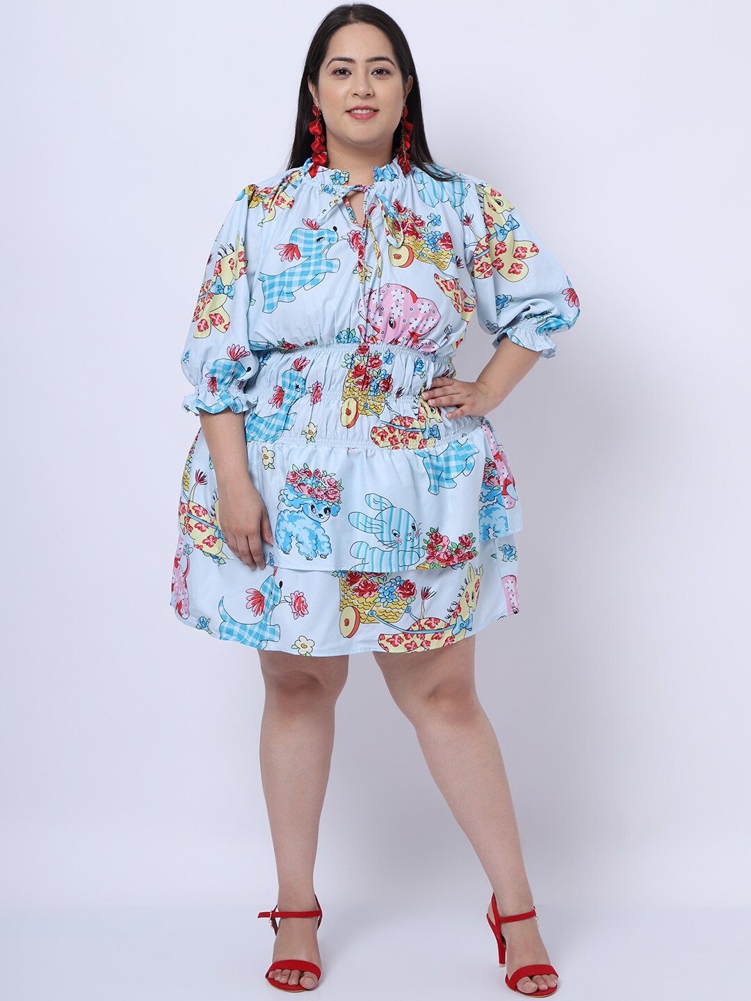 

Flambeur Blue & Pink Tie-Up Neck Crepe Balloon Dress