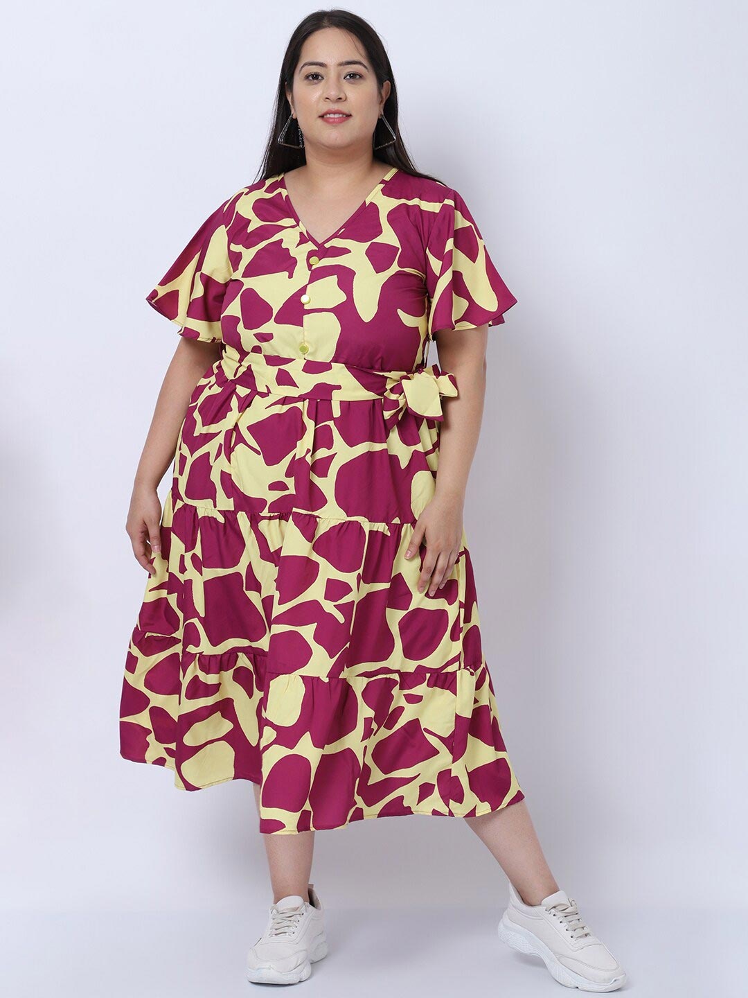 

Flambeur Multicoloured Crepe Midi Dress, Maroon