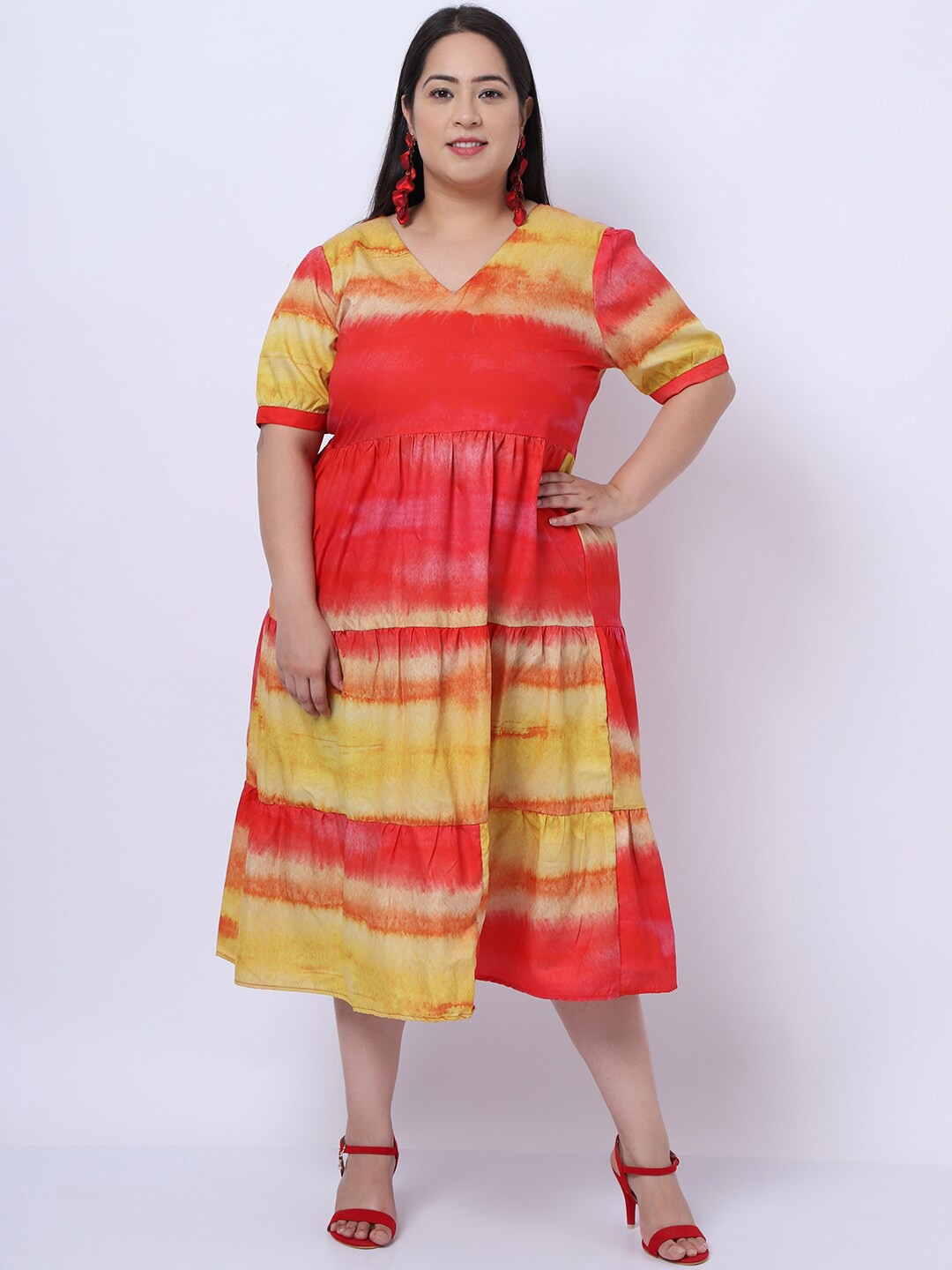 

Flambeur women's Red & Yellow Tie and Dye Dyed Crepe Empire Midi Dress