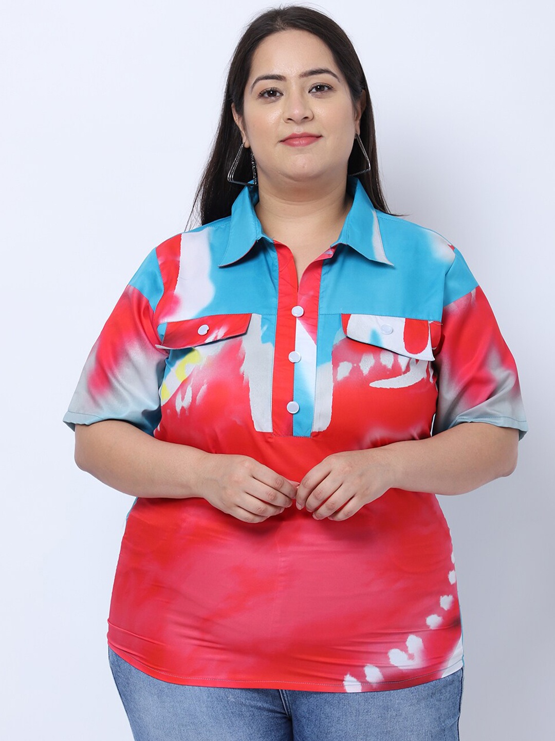

Flambeur Red & Blue Print Crepe Shirt Style Top