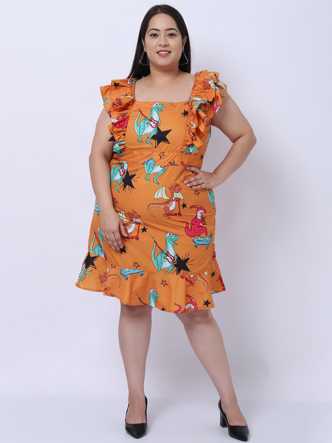 

Flambeur Women Plus Size Orange Floral Crepe Fit & Flare Dress