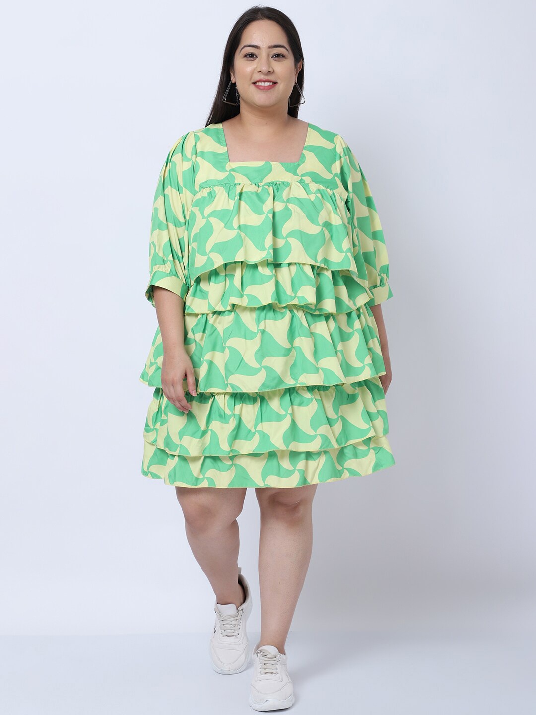 

Flambeur Plus Size Green & Yellow Crepe A-Line Dress