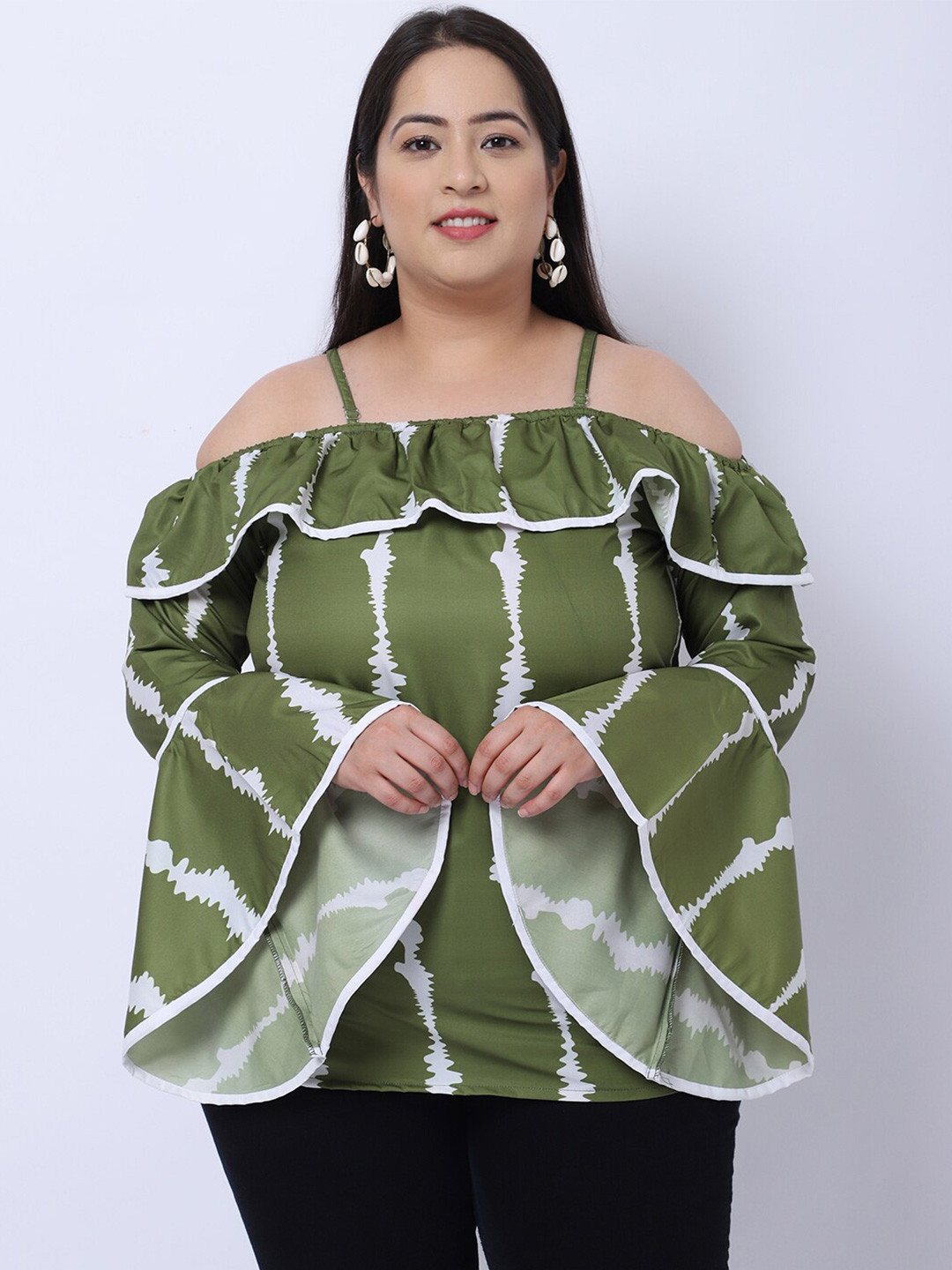 

Flambeur Women Olive Green & White Crepe Bardot Plus Size Top